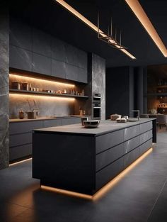 a modern kitchen with black cabinets and lighting