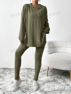 Style:Casual \nDetails:High Low \nNeckline:Hooded \nDetails:Split \nDetails:Rib-Knit \nSleeve Type:Drop Shoulder \nColor:Army Green \nPattern Type:Plain \nTop Type:Sweatshirt \nBottom Type:Leggings \nFit Type:Regular Fit \nFabric:Slight Stretch \nCare Instructions:Machine wash or professional dry clean \nSheer:No \n Pant Outfits For Women, High Waisted Pants Outfit, Ribbed Hoodie, Outfit For Women, 2 Piece Skirt Set, Traje Casual, Leggings Set, Women Christmas, Pants Casual