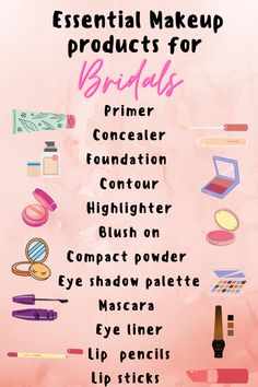 Every bridal must have these products Bridal Makeup Essentials Products, Bridal Makeup Products Name List, Makeup Kit For Bride List, Bride Makeup Kit List, Bridal Vanity Kit, Makeup List For Bride, Makeup Products Name List, Bride Makeup Products, Bridal Mekup Product Name List