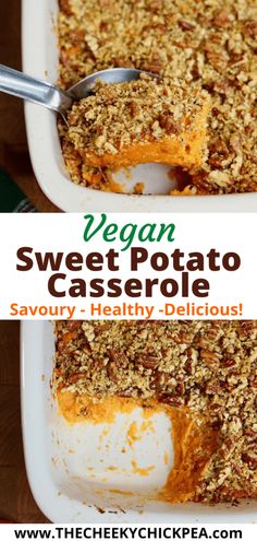 vegan sweet potato casserole in a white dish with a serving spoon