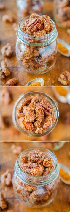 three images show the process of making granola in a glass jar and then being filled with nuts