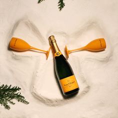 a bottle of champagne sitting on top of snow next to two paddles and pine branches