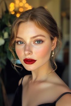 Natural Wedding Makeup With Red Lips, Makeup Cocktail Party, French Makeup Red Lips, Bridal Winter Makeup, Natural Glam Makeup Bold Lip, French Glam Makeup, Red Lip Daytime Look, Holiday Party Glam Makeup, Workday Makeup Looks