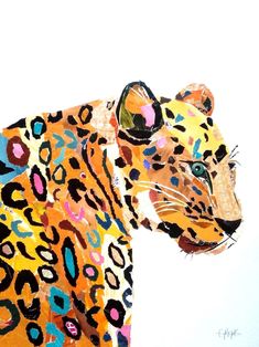 a painting of a leopard with colorful spots on it's face and tail, standing in front of a white background