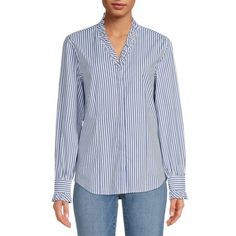 A great classic striped woven shirt with ruffle detail is our PATRICIA SOLID striped SHIRT. Easy care makes is simple to wear to work or any type of function. Neckline makes it a great top to wear with a statement necklace! Stripes take it to the next level with FUN Size: S.  Color: Blue.  Gender: female.  Age Group: adult.  Pattern: stripe. Striped Ruffle Tops For Work, Classic Wardrobe Essentials, Short Sleeve Jacket, Button Down Shirt Dress, Women's Button Down Shirt, Fun Size, Classic Wardrobe, Stripe Shirt, Solid & Striped