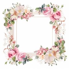 a square frame with pink flowers and green leaves on the edges is surrounded by greenery