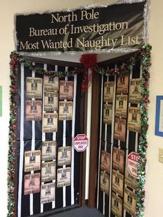 the door to north pole bureau of investigating most wanted naughy list is decorated