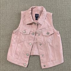 Nwot Pink Denim Vest With Adorable Stitching Detailing. Gap Spring Cotton Denim Jacket, Gap Cotton Denim Jacket For Spring, Cute Pink Denim Jacket With Pockets, Cute Gap Outerwear For Fall, Cute Cotton Outerwear By Gap, Cute Gap Cotton Outerwear, Denim Vest Outfits For Women, Denim Vest Outfits, Mean Girls Plastics