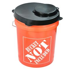 an orange trash can with a black lid and the words bucket not included on it