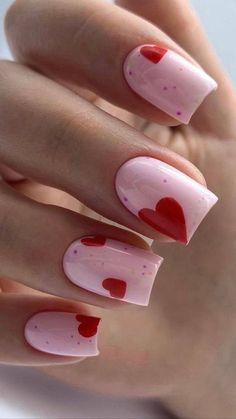 Unusual Nails Designs, Heart Nail Inspiration, February Nails Ideas Valentines Day Short Square, Short Natural Valentines Day Nails, Valentine's Day Nail Designs Pink, Nails San Valentin, Short Square Valentines Nails, Valentines Nails 2023, San Valentine Nails Ideas