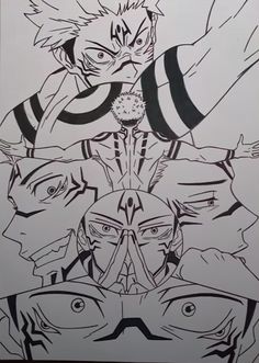 an image of some anime characters in black and white on a piece of art paper