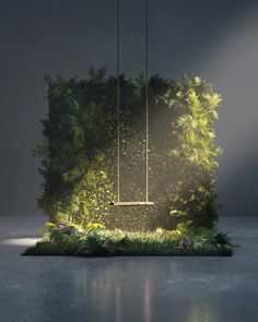 a suspended swing in the middle of a forest filled with green plants and trees, on top of an island