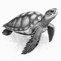 a black and white drawing of a turtle on the sand with water droplets around it