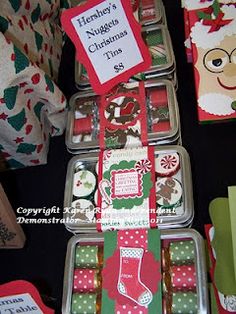 several boxes with christmas themed items on them