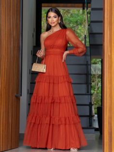 Tecido Micro Tule  Com Bojo  Tamanhos M e GVestido Festa Babados Laranja Queimado elegante  Manga Comprida  Simples Em A   Women Clothing, size features are:Bust: ,Length: ,Sleeve Length: Other Outfits, Dress Code, Dress Codes, Dark Academia, Old Money, Dress P, Pretty Dresses, Women Clothing