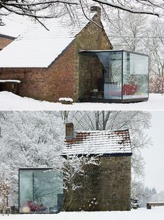 two pictures of the outside of a house covered in snow, and one has a glass window