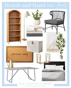 a collage of furniture and decor with the words hearth and hand new finds on it