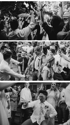 black and white images of people dancing at an outdoor event, with one person holding his arms up in the air