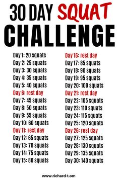 the 30 day squat challenge is shown in black and white with red lettering on it