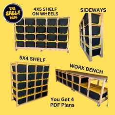 four shelves are shown with different sizes and measurements for each shelf to be built into