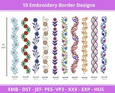 the embroidery border designs are shown in different colors