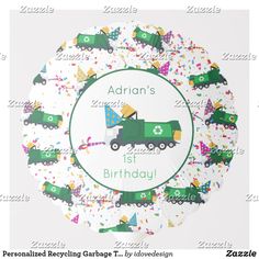 personalized birthday party plates with trucks and confetti