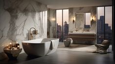 an elegant bathroom with marble walls and flooring is lit by candles on the counter