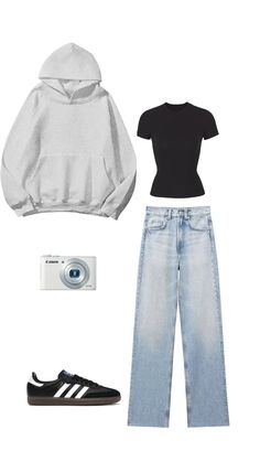 Clean girl aesthetic style outfit inspo|new york style outfit|adidas samba outfit|that girl outfit|digital camera|wide leg washed jeans outfit|grey hoodie| Washed Jeans Outfit, Outfits With Wide Leg Jeans, Outfit Inspo New York, Girl Hoodie Outfit, Gray Hoodie Outfit, Everyday School Outfits, Basic Girl Outfit, Adidas Samba Outfit, Wide Leg Jeans Outfit