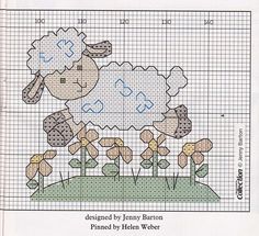 a cross stitch pattern with a sheep in the middle and flowers on the bottom side