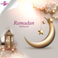 the ramadan mubarak greeting card is decorated with gold stars and lanterns