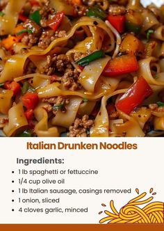 the ingredients for this dish include noodles, meat and vegetables