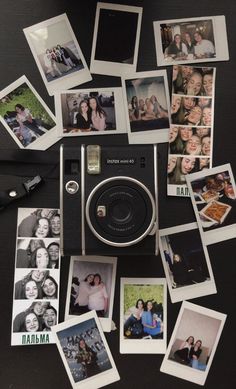 an old fashioned camera surrounded by photos and magnets