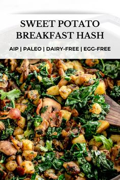 sweet potato breakfast hash with spinach and bacon in a skillet on the side