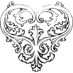 an ornate heart shape with swirls and scrolls on the sides, vintage line drawing or engraving