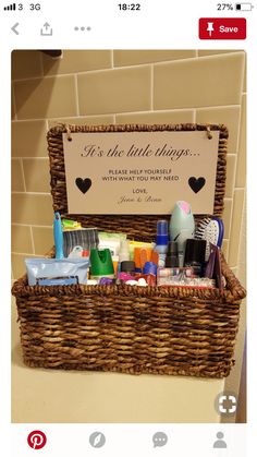 a basket with personal care items in it and a sign on the top that says it's the little things