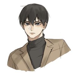 an anime character with black hair wearing a brown suit and turtle neck shirt, looking at the camera