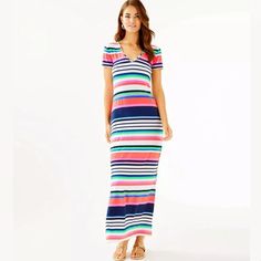 Nwt Lilly Pulitzer Milana Maxi Dress Straight Fit V-Neck Short Sleeved Side Slits Striped Rayon/Spandex Hand Wash Nwt Sz S Pit To Pit 16.5” Striped V-neck Maxi Dress For Brunch, Lilly Pulitzer Maxi Dress, Pink And Blue Dress, Striped Maxi, Flutter Sleeve Dress, Chiffon Maxi Dress, Striped Maxi Dresses, Tiered Maxi Dress, Maxi Dress Party