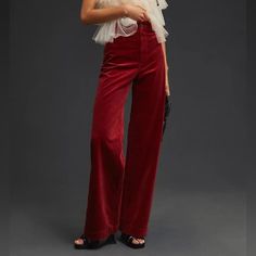 Anthropology Maeve Colette Wide-Leg Corduroy Pants In Red Size 33 Nwt High Waist Burgundy Wide Leg Pants For Fall, Burgundy High Waist Wide Leg Pants For Fall, Chic Red Wide Leg Pants For Fall, Fall Velvet Trousers, High-waisted Velvet Pants For Fall, Elegant High Waist Velvet Bottoms, High Waist Velvet Bottoms For Fall, High-waist Velvet Bottoms For Fall, Full-length Velvet Bottoms For Fall