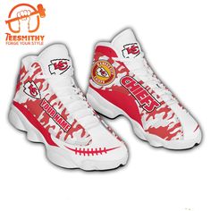 a pair of white and red shoes with the word chiefs on them