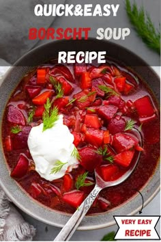 a bowl filled with soup and topped with sour cream, garnished with fresh herbs