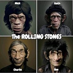 four pictures of monkeys with the words rolling stones written on their faces in different languages