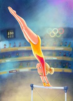 a painting of a woman doing gymnastics on the balance bars in front of an audience