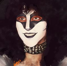 a woman with black hair and white face paint