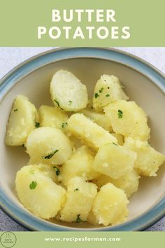 a bowl filled with butter potatoes on top of a table