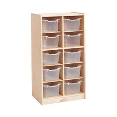 a wooden shelf with plastic bins and drawers on it's bottom half is shown