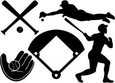 the silhouettes of baseball players, bats and ball are shown in this black and white image