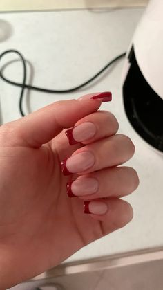 #frenchnails #cherrynails#square Colored French Square Nails, Flat Square Nails, Square Nails With Red Tips, French Red Nails Square, Nailspo Square, Burgundy Nails Square Short, Nail Square French Tip