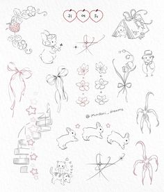 an image of some cute drawings on the back of a sheet of paper with hearts and flowers