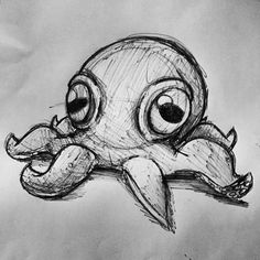 a pencil drawing of an octopus with big eyes and a beaky face on it's head