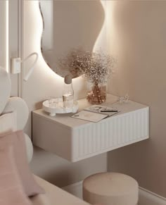 there is a vanity with a mirror and stool in the corner, along with other items